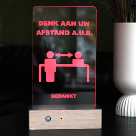Safe Distance Desk Stand, slimme afstandsmeter met LED en geluidssignaal, natuurhout motief, NL